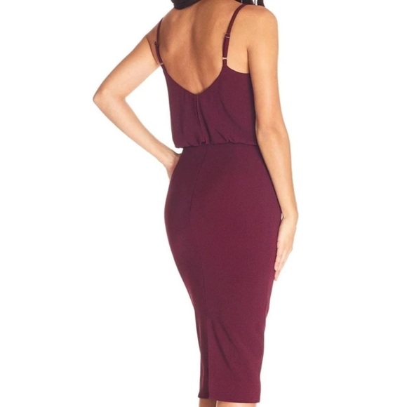 Dress The Population Alondra Sheath Blouson Pencil V-Neck Dress Burgundy Small - Picture 3 of 11